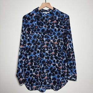 Mishca VTG Womens Blouse L Blue Black Animal Print